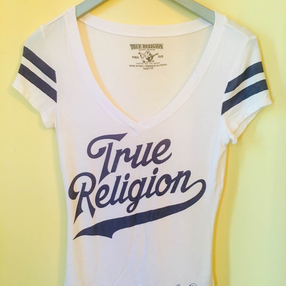 True Religion Women's White and Purple/Blue V-Neck Top